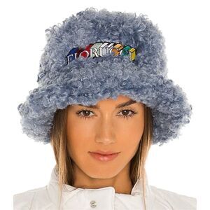 Fiorucci 3-D Logo.  Shearling Bucket Hat. Lined. Blue. Y2k. Rare